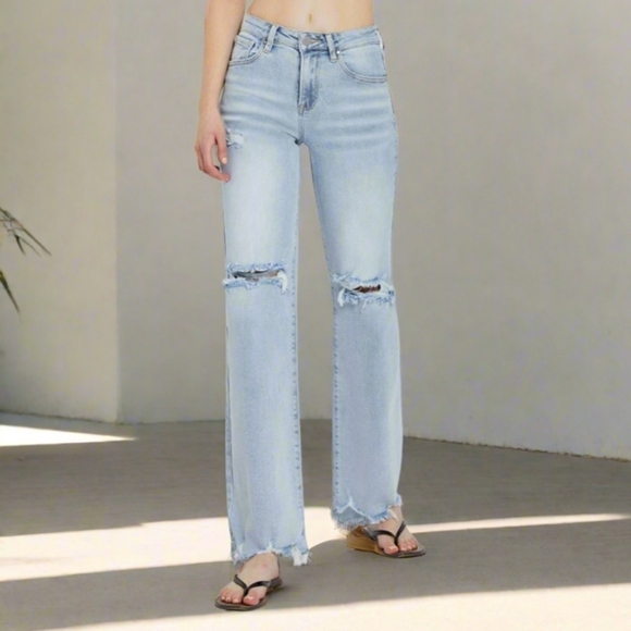 RISEN Distressed High-Rise Jeans Retro Straight Wide Leg Classic Denim Pants - Picture 10 of 16